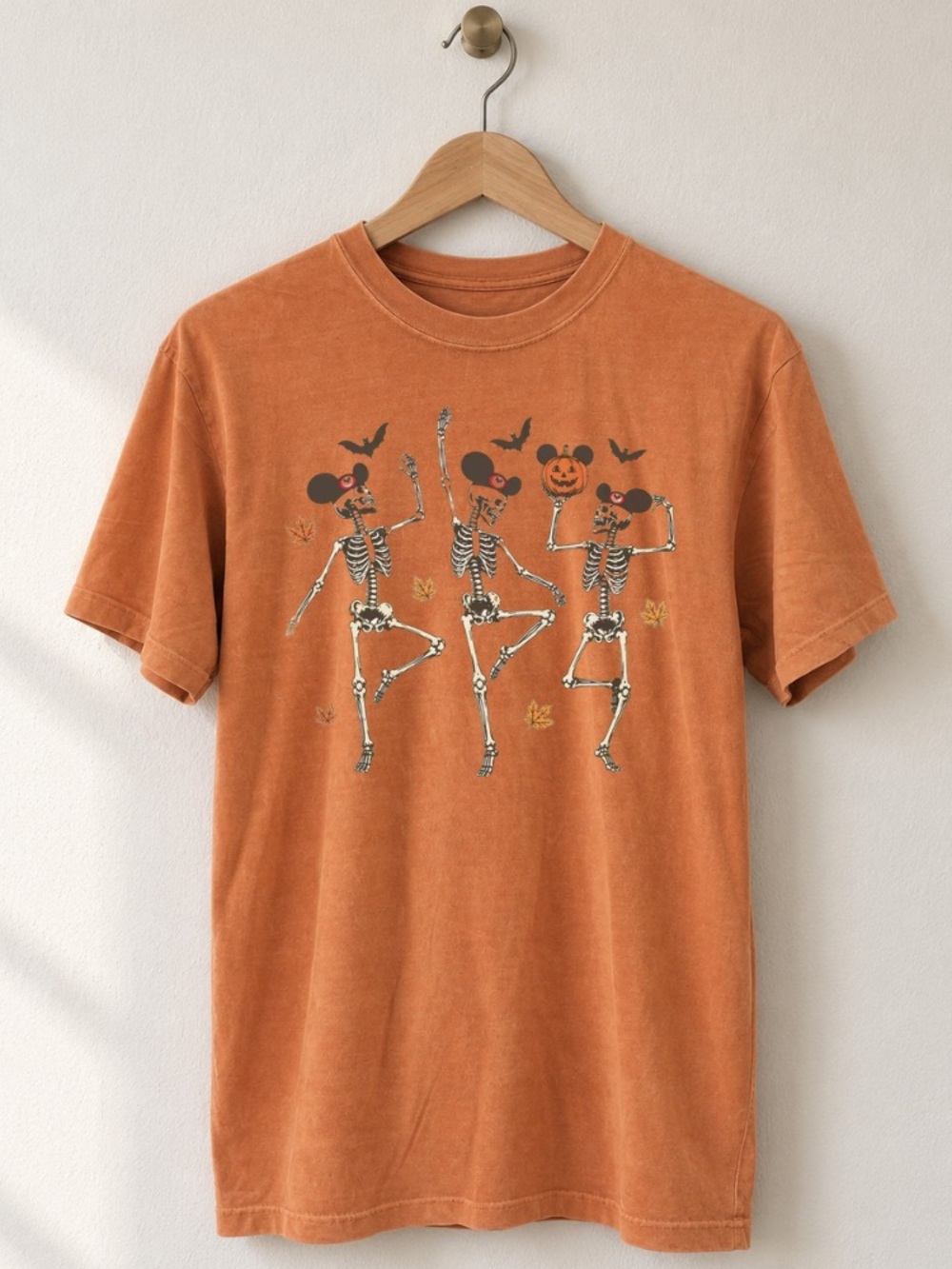 Comfort Colors Dancing Skeletons Mickey Mouse Ears Pumpkin Leaves Halloween Tee